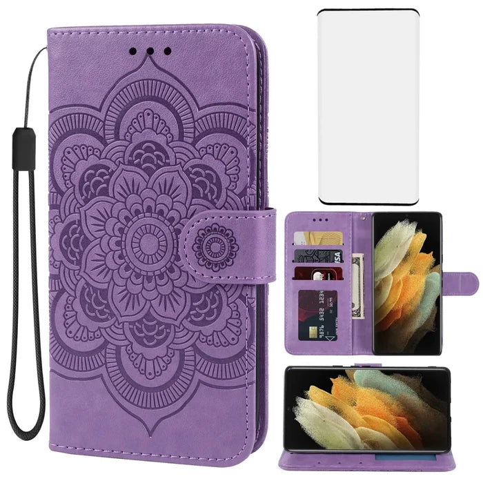 Purple leather wallet case with screen protector for Galaxy S21 Ultra by MANDOTOS INTERNATIONAL, showing interior card slots and sleek design.