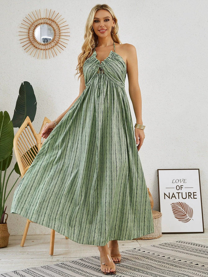 Mandotos bohemian halter maxi dress for women, sleeveless, flowy beach dress with a relaxed summer style.