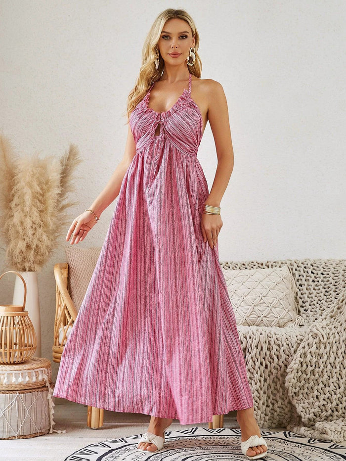 Mandotos women's bohemian halter maxi dress with sleeveless, flowy design, perfect for summer beachwear and casual outings.