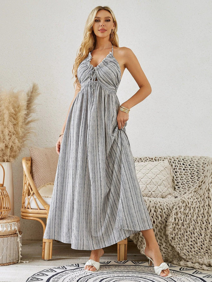 Mandotos bohemian halter maxi dress for women with summer striped sleeveless flowy beach style.