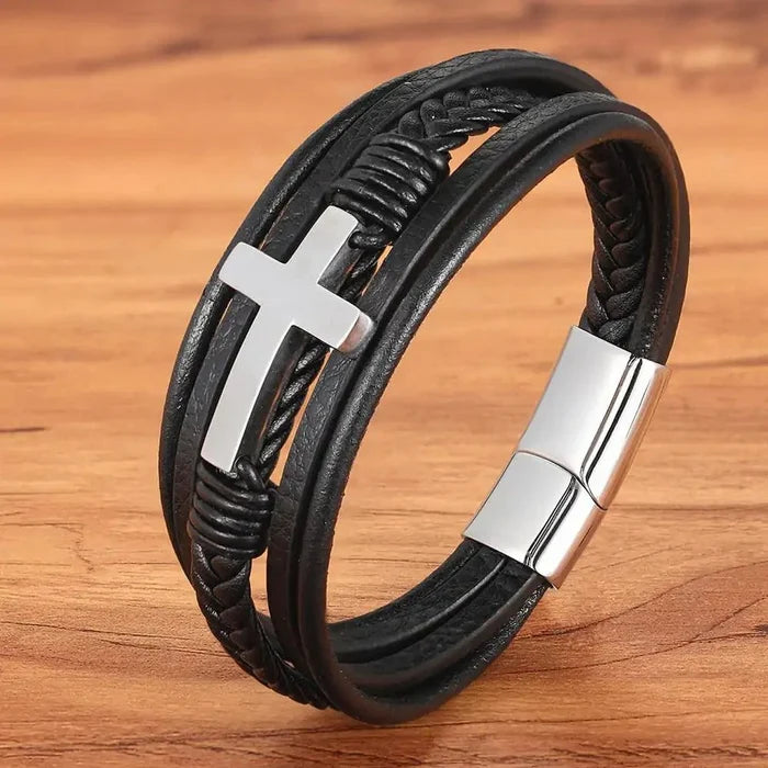Mandotos bonded love leather bracelet with adjustable strap and metal clasp, featuring a sleek, stylish design for everyday wear.