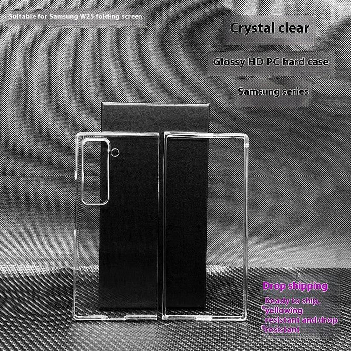 Mandotos transparent hard shell phone case with high permeability and HD anti-fall protection for iPhone or Samsung models.