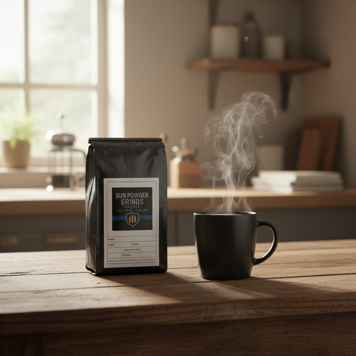 Gun Powder Grinds Brazil Santos with steaming mug