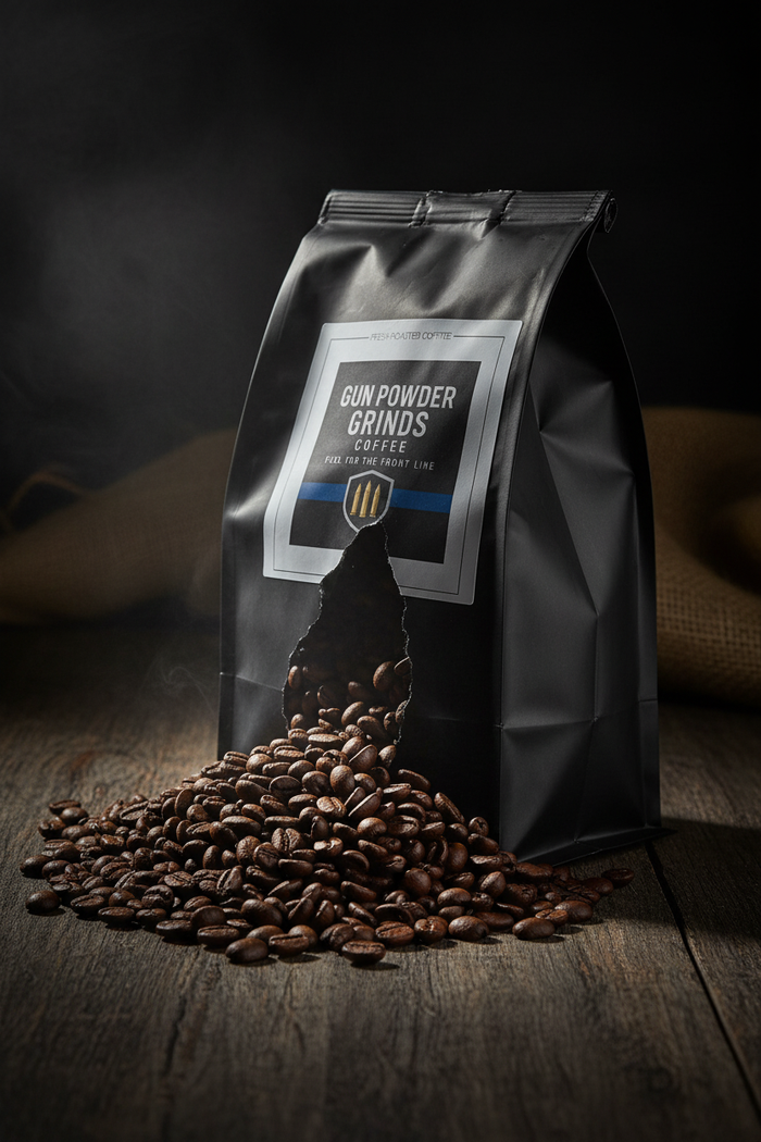 Gun Powder Grinds Brazil Santos close-up with beans spilling