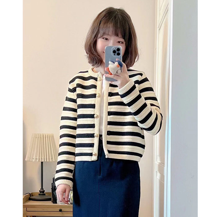 Buckle Striped Classic Style Knitted Cardigan Sweater Short Coat