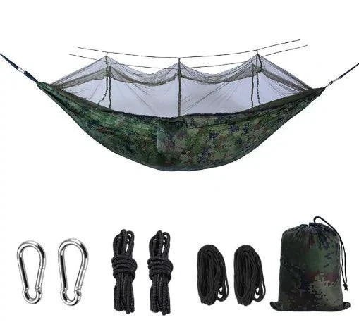 Mandotos Bug-Free Camp Hammock for two with mosquito protection, ideal for outdoor relaxation and serene camping experiences.