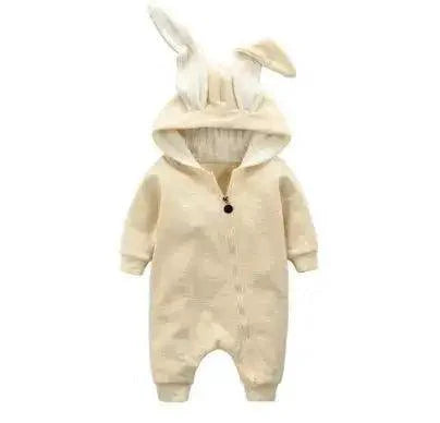 Soft pink Bunny Ear Baby Onesies by MANDOTOS featuring adorable bunny ear hood and cozy fabric for infants.