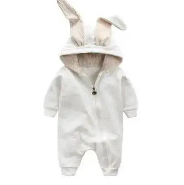 Baby wearing a cute Mandotos Bunny Ear Baby Onesie with soft fabric and adorable bunny ear hood for cozy comfort.