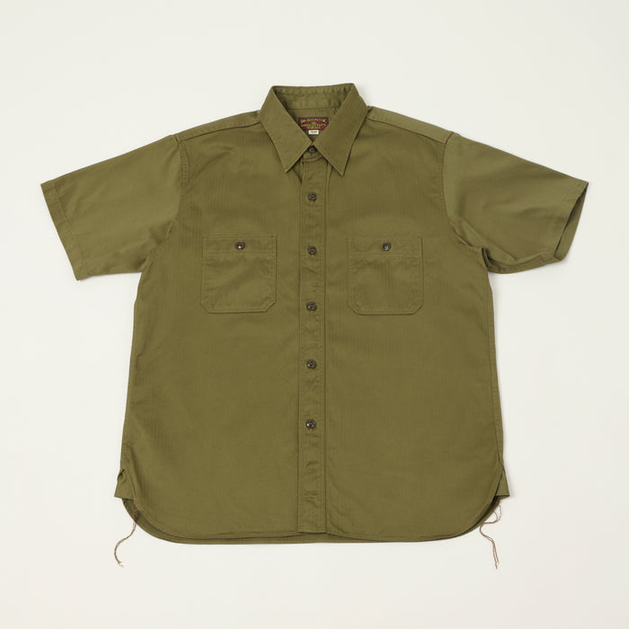 Buzz Rickson's Open Pocket Short Sleeve Herringbone Work Shirt - Olive