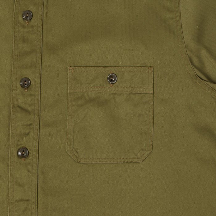 Buzz Rickson's Open Pocket Short Sleeve Herringbone Work Shirt - Olive