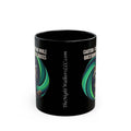 Black mug with green and white designs and text on a white background