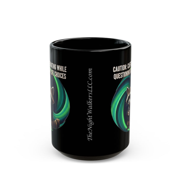 Black mug with green and white design and text on a white background