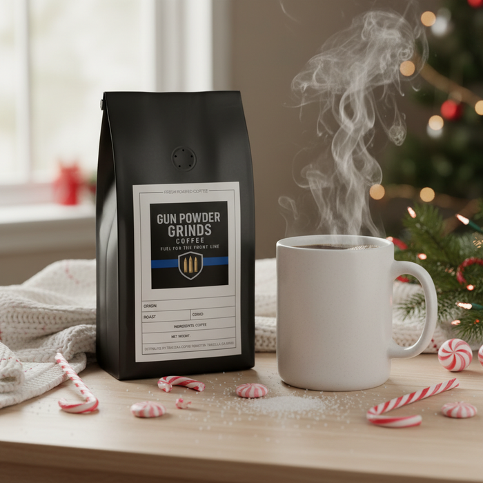 Gun Powder Grinds Candy Cane with steaming mug