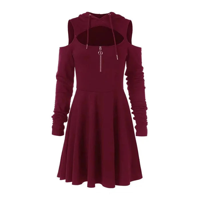 Mandotos International chic hooded zip dress line featuring a stylish hood, full-length zipper, and sleek design for modern fashion.