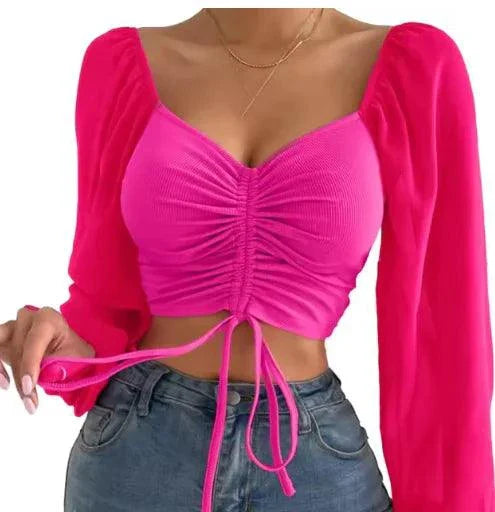Mandotos chic V-neck balloon sleeve crop top featuring a stylish design and comfortable fit, perfect for casual wear.