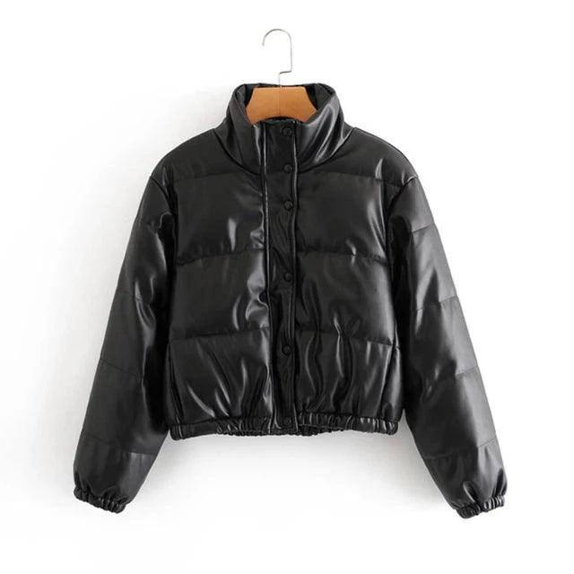 Mandotos chic winter PU leather jacket with stylish design, featuring a fitted silhouette and smooth black finish.