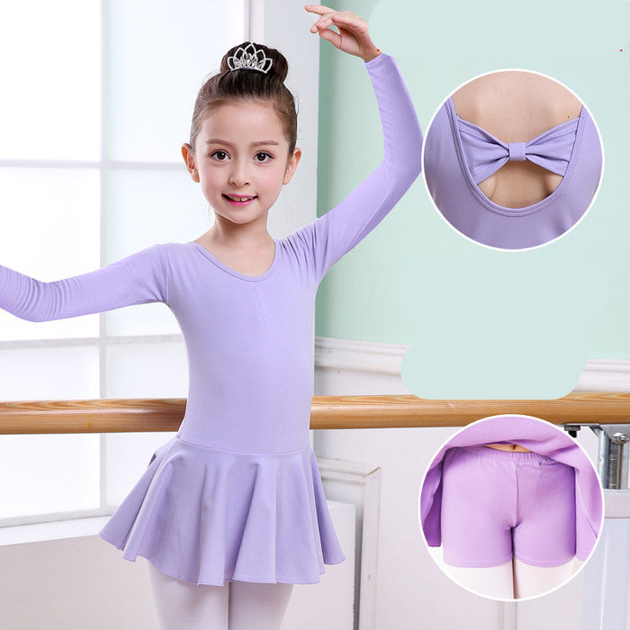 Girl in lavender ballet leotard with bow back & attached skirt, dancewear for kids