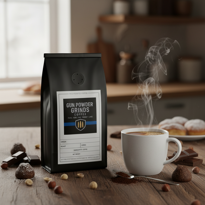Gun Powder Grinds Chocolate Hazelnut with steaming mug