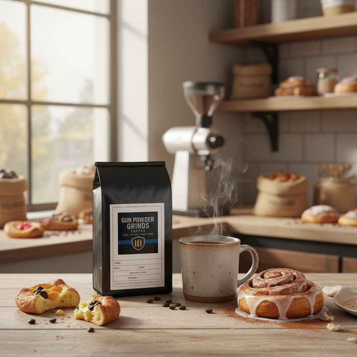 Gun Powder Grinds Cinnabun with steaming mug