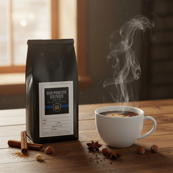 Gun Powder Grinds Cinnamon Hazelnut with steaming mug