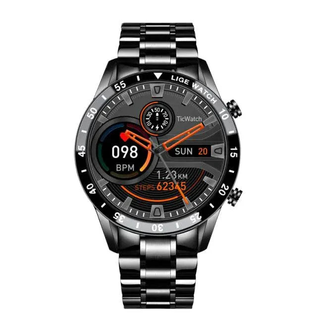 Mandotos Circle Elite Smart Watch with round display, fitness tracker, and sleek black strap on a white background.