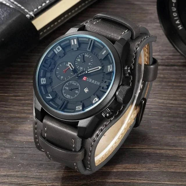 Mandotos classic gents leather watch with round dial, black leather strap, and silver case, stylish men's wrist accessory.