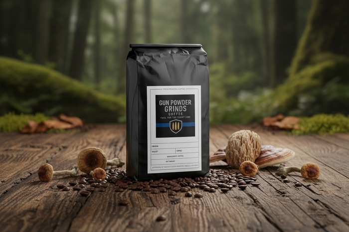 Gun Powder Grinds Mushroom Coffee with earthy mushroom elements