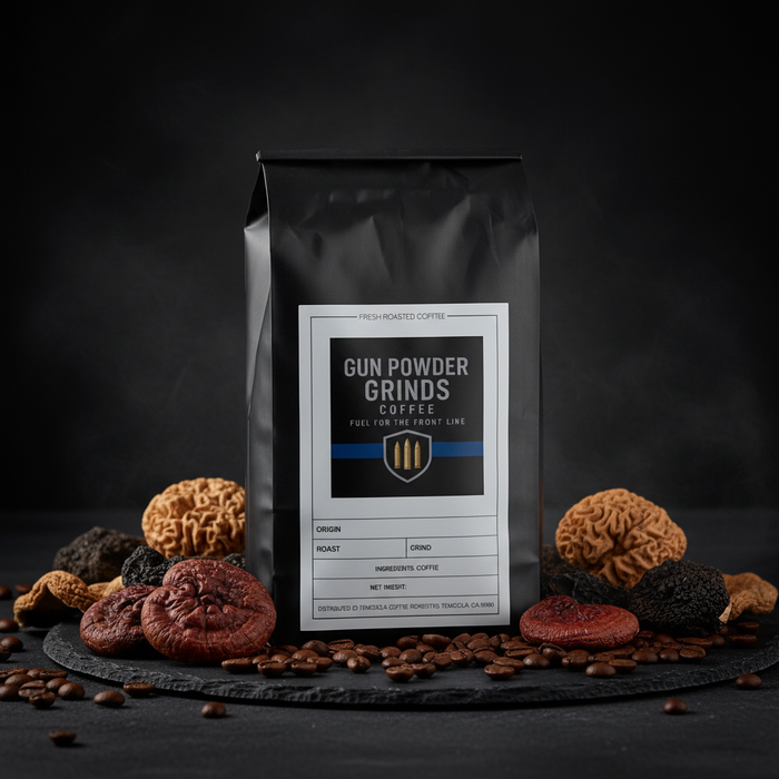 Gun Powder Grinds Mushroom Coffee with medicinal mushrooms