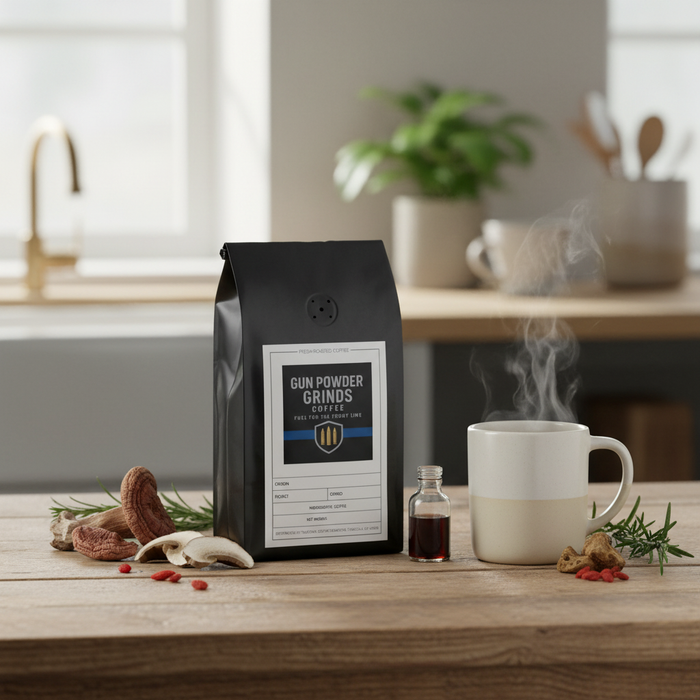 Gun Powder Grinds Mushroom Coffee with steaming mug