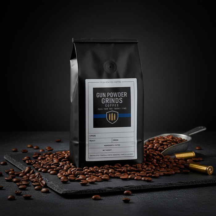 Gun Powder Grinds bag with scattered beans