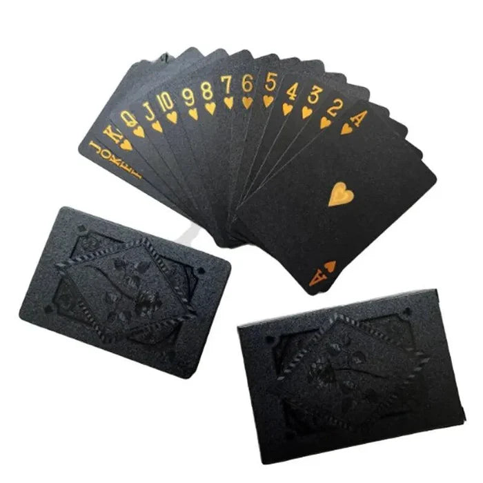 Black and gold waterproof playing cards set featuring poker suits, ideal for magic tricks, card games, and collection use.