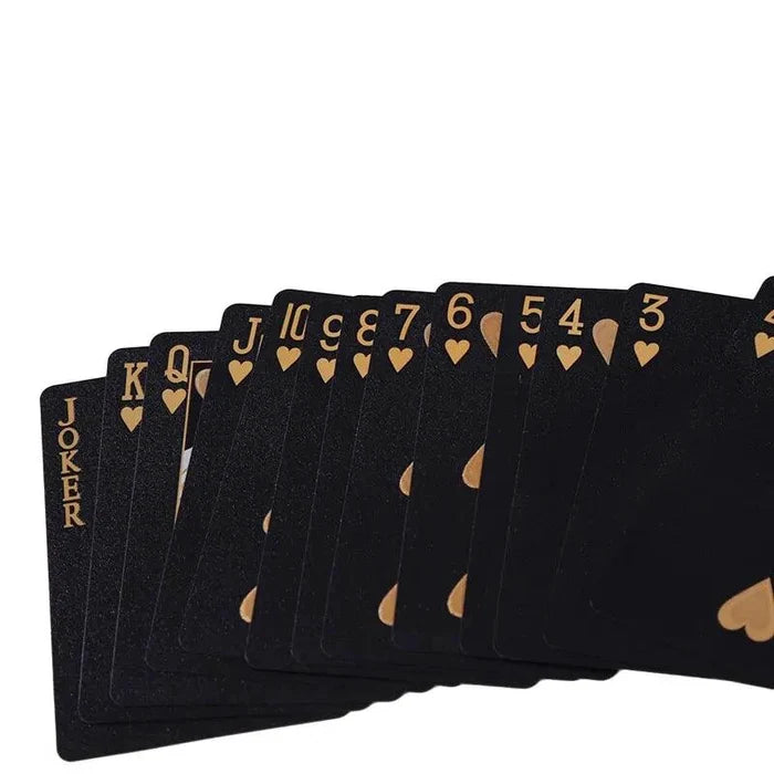 Black and gold waterproof playing cards from Dmagic, featuring a poker suit design, ideal for card games and magic tricks.