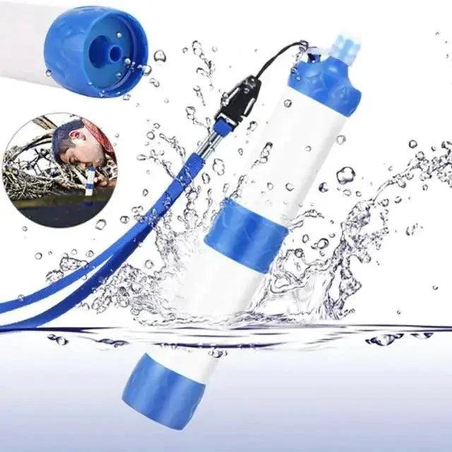 Mandotos Compact Travel Water Filter shown with clear plastic body and attached spout, ideal for outdoor and travel hydration.