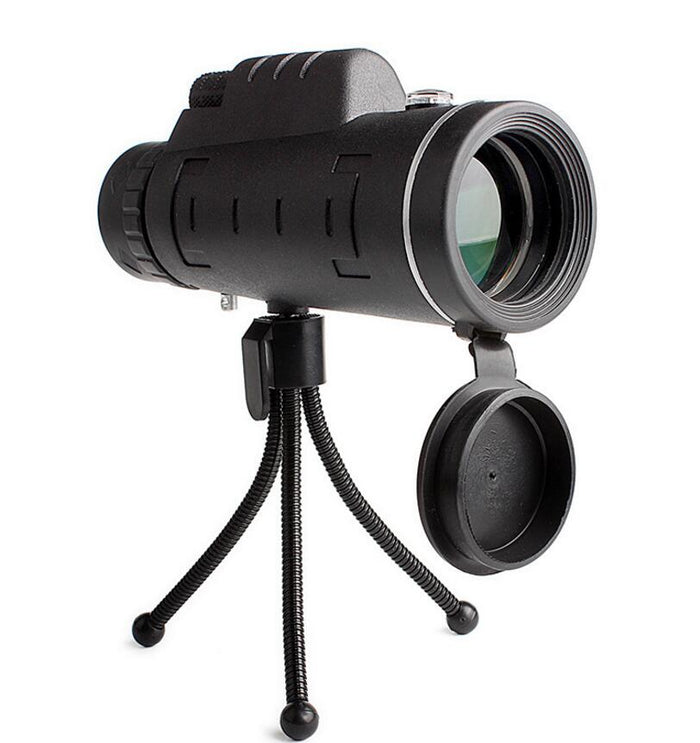 Ancient Energy compatible monocular telescope with zoom, compass, phone clip, and tripod for outdoor and wildlife viewing.