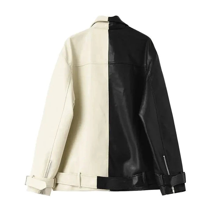 Mandotos contrast vegan leather jacket featuring a sleek design and stylish collar, shown on a model.