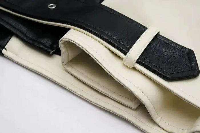 Mandotos contrast vegan leather jacket with stylish design, featuring a sleek fit and modern details for a trendy look.