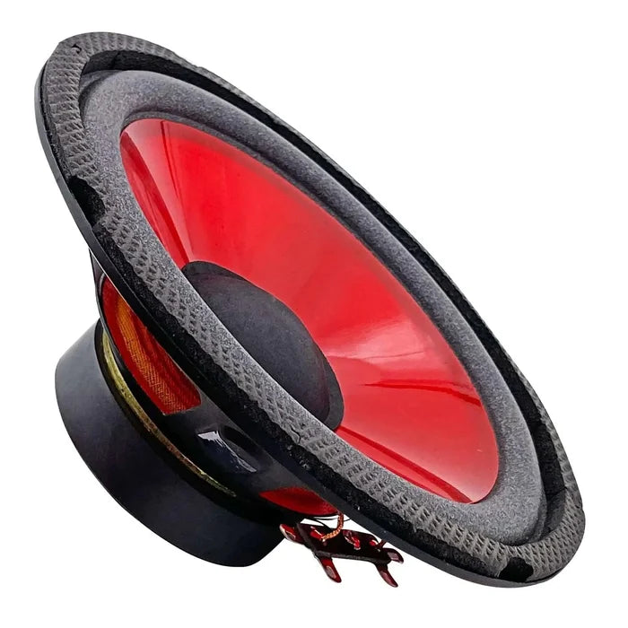 Mandotos CoreBass 6-inch 300W car subwoofer showing a black speaker with mounting brackets and wiring for vehicle audio systems.