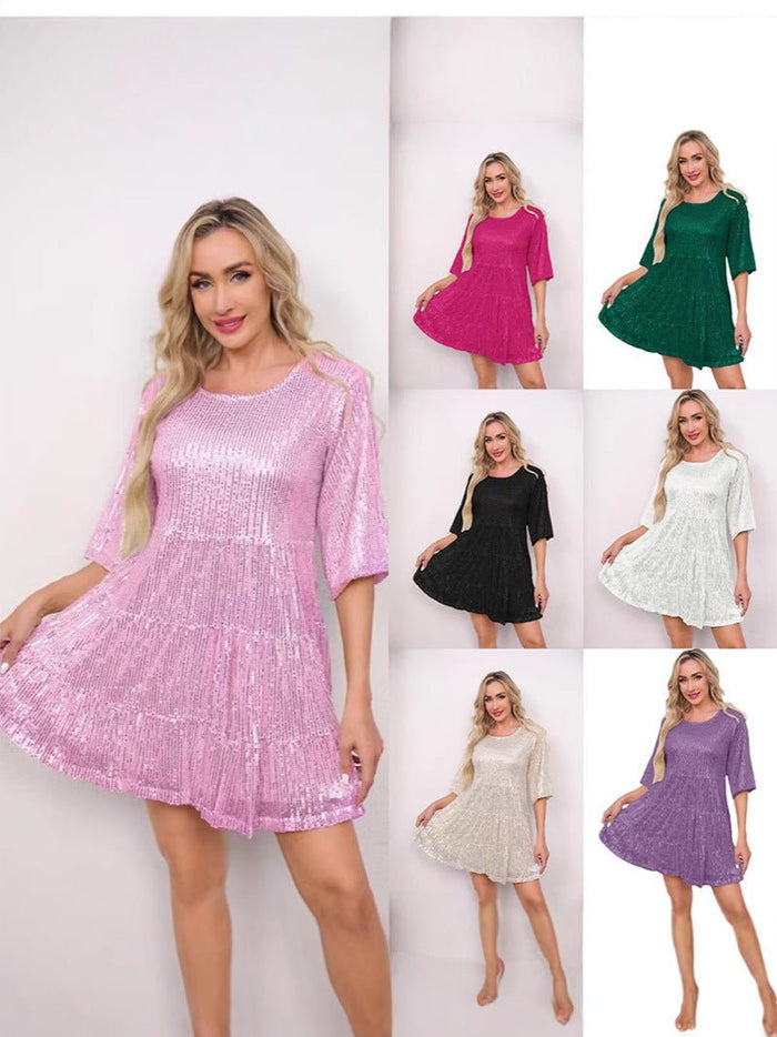 Mandotos International cross-border fashion sequined dress featuring European and US style, with shimmering sequins and elegant design.