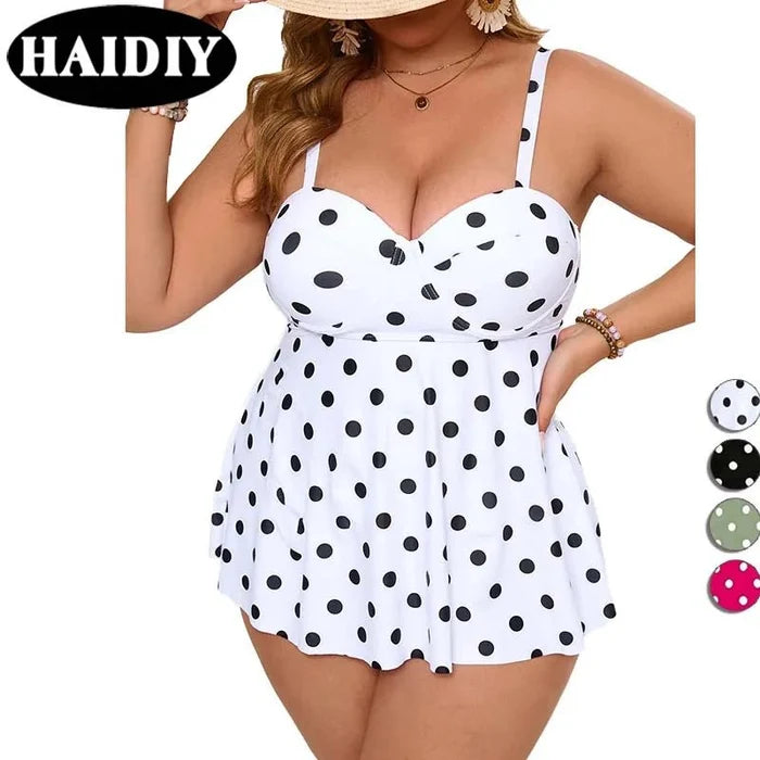 Plus size custom swim dress with backless design, dot print, two-piece high waist bikini from MANDOTOS INTERNATIONAL.