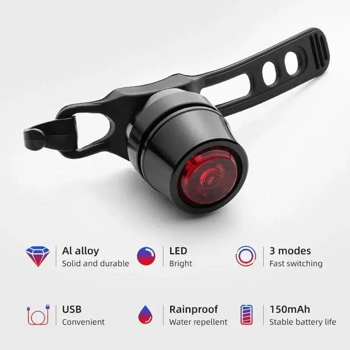 Mandotos cyclist's beacon USB rechargeable waterproof light attached to a bike, providing visibility and safety during night riding.