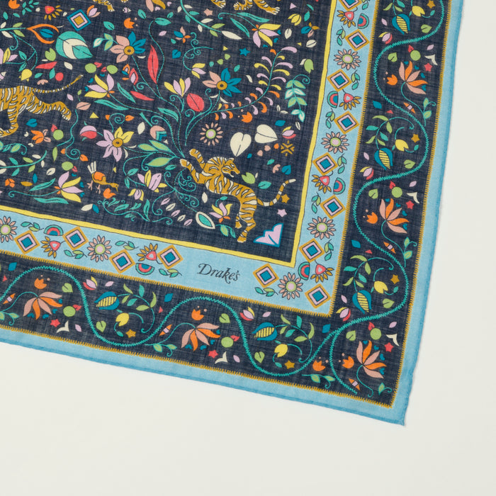 Drake's 'Tiger Garden' Silk Bandana - Navy