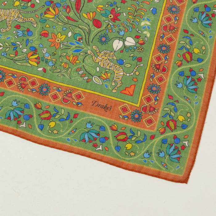 Drake's 'Tiger Garden' Wool/Silk Bandana - Green