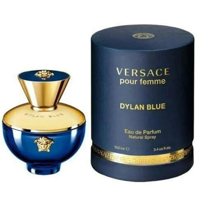 Versace Dylan Blue Femme EDP spray 3.4 oz, featuring elegant floral and citrus notes in a stylish fragrance bottle.