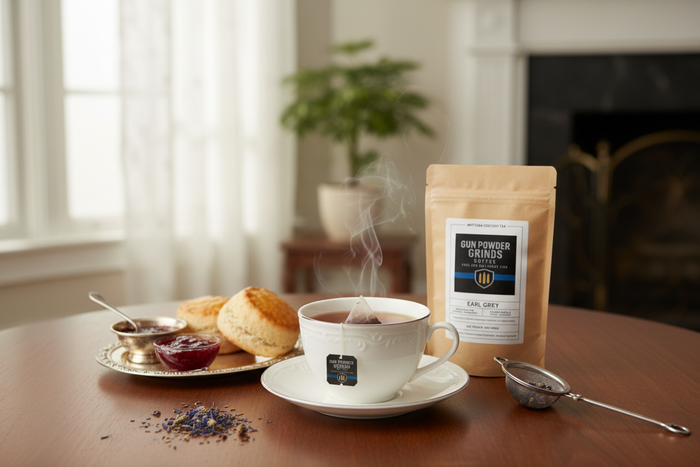 Gun Powder Grinds Earl Grey with steaming cup
