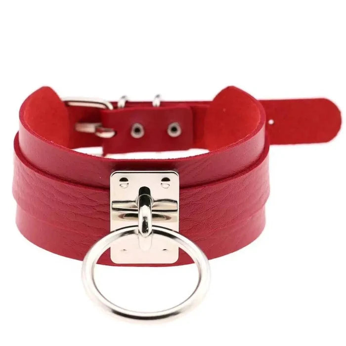 Black edgy leather choker collar with metal buckle and studs, designed by MANDOTOS, stylish accessory for bold fashion statements.
