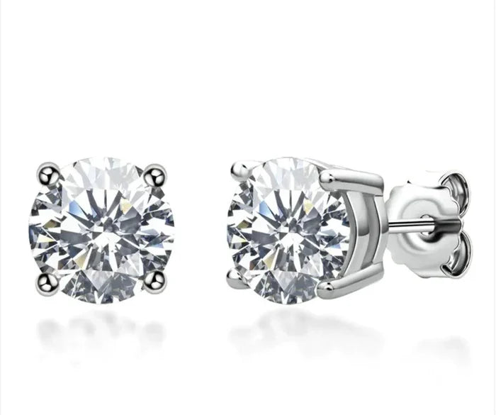 Elegant 18K gold moissanite silver stud earrings featuring sparkling gemstones and a sleek, stylish design.