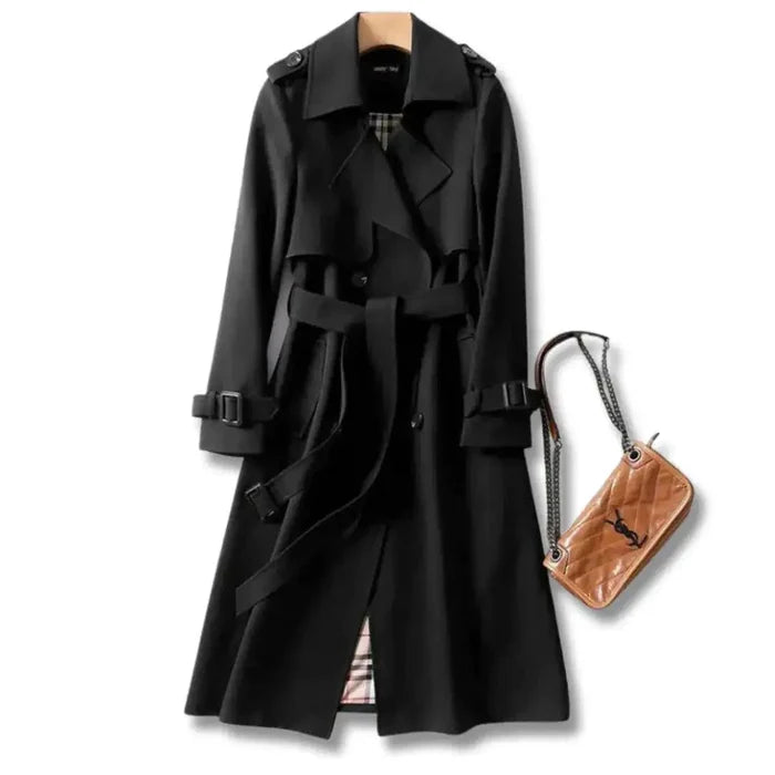 Elegant classic trench coat by MANDOTOS, showing a tailored beige outerwear with a belt and lapel collar on a mannequin.