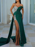 Elegant black evening dress by MANDOTOS featuring heavy gilded embroidery, split skirt, and ball gown design for formal occasions.