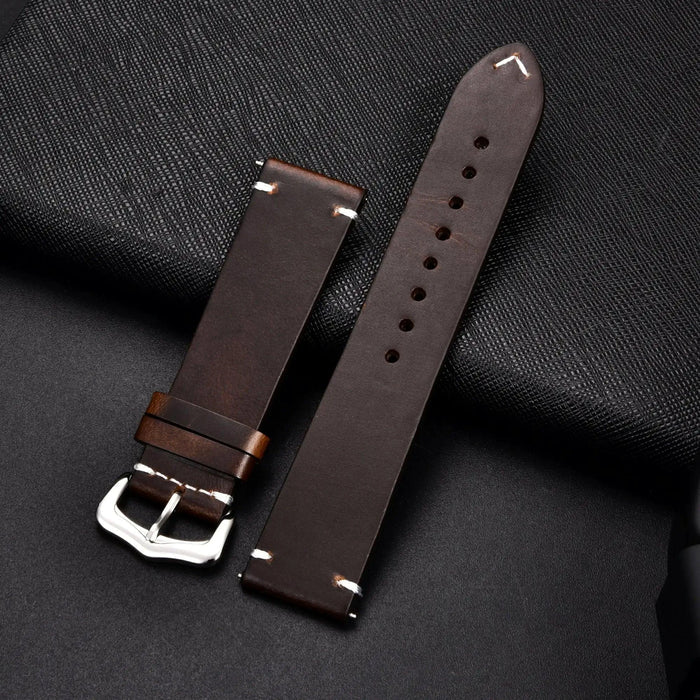 Elegant leather watch band by MANDOTOS, showcasing a high-quality brown strap with detailed stitching on a neutral background.