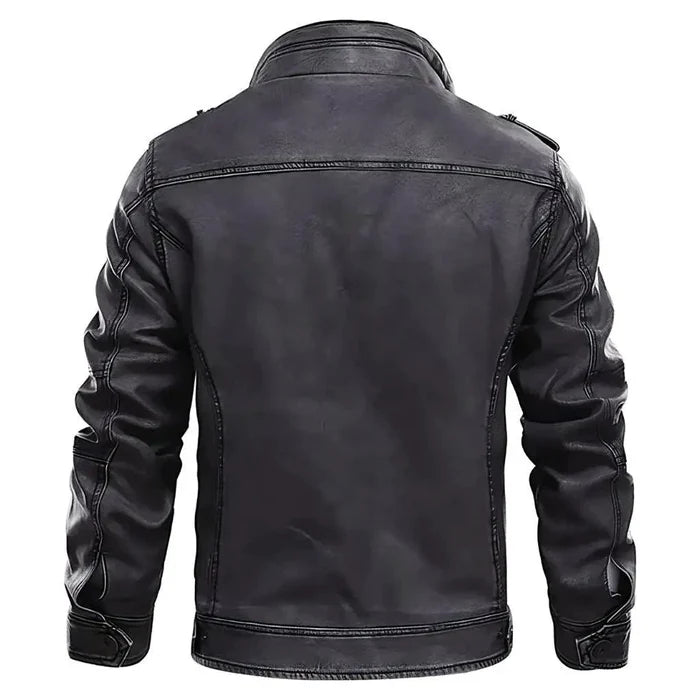 Mandotos elegant premium leather jacket shown on a model, featuring a sleek design and classic collar for a stylish look.